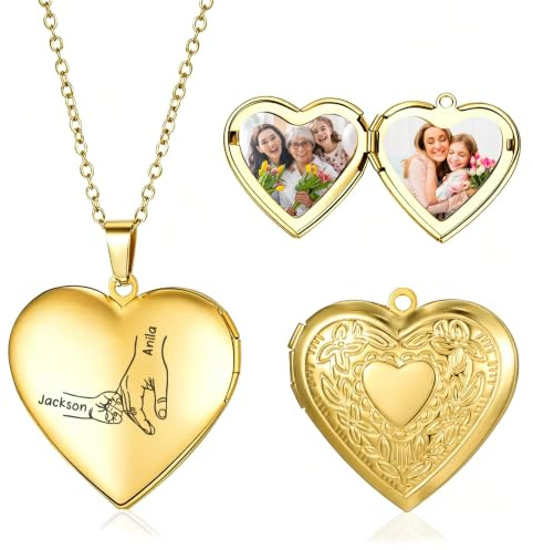 Presentimental Collier Photo Personnalise Medaillon Coeur Avec Photo Prenom Grave Collier En Acier Inoxydable Cadeau Pour Maman Femme Copine Fille Anniversaire Fete Des Meres Noel (2 Noms - Or)