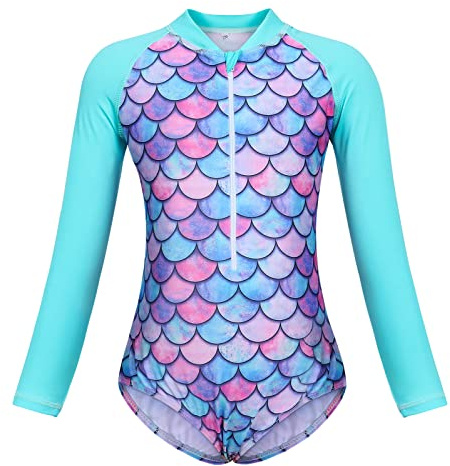 Berich Mermaid Swimming Costume Suit Kids One Piece Swimwear with Long Sleeve Child Sunsuit Toddler UV Protection Rash Guard Bathing Suit Baby Girls Swimsuit Swim Costume 9-10 Years(Green,140)
