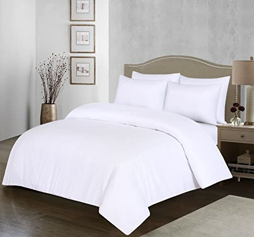 100% Egyptian Cotton Duvet Cover Set |200 Thread Count Plain Dyed Duvet Quilt Cover Set With Free Pillowcases| Non-Iron Easycare Bedding Set - Single Double King Super King Sizes (White, Single)