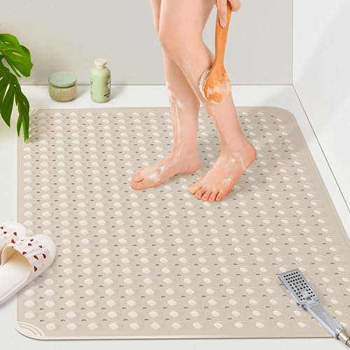 Yolife Extra Large TPE Shower Mat, 47.2 L x 31.5 W Anti Slip Bath Mat with Drain Holes and Suction Cups, Large Size Mat More Suitable for Shower Stall, No Odor, Heavy Mat