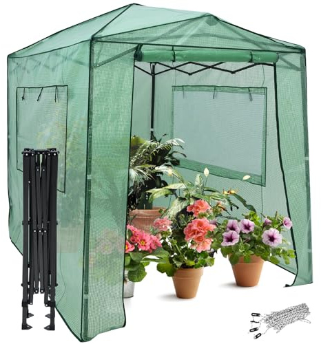 HOMASIS Serre de jardin portable avec porte enroulable et 2 fenêtres, maison de culture avec cadre en métal et feuille de maille de polyéthylène, 250 x 180 x 230 cm, vert