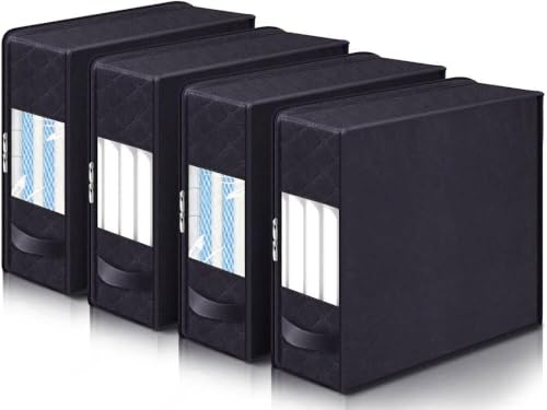 MISSLO 4 Pack Bed Sheet Organizers and Storage Set, Foldable Bedding Storage Bags for Linen Closet Container Box with Zippers, Sheet Organiser for Queen or King Size Duvet Cover, Pillowcases, Black