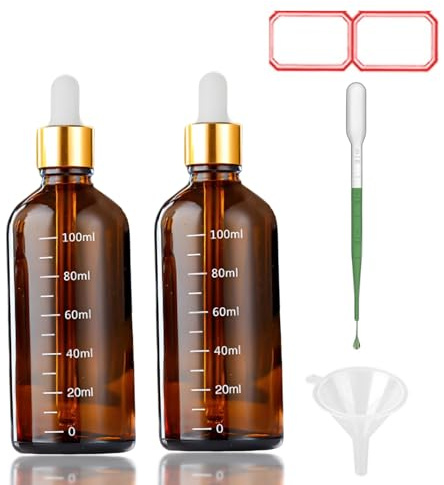 Amber Pipettenflasche 100ml, Amber Glaspipettenflaschen für ätherische Öle mit Pipetten, Trichter und einer dreischerben und Kunststoffmesspipette zur oxidation und puppenöl gemischt zur oxidation