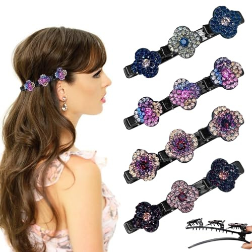 Barrette à Cheveux Latérale à Trois Fleurs, Étincelantes Pinces à Cheveux En Pierre De Cristal, Pince à Cheveux Double Couche,Flower Hair Clip,Pince à Cheveux Double Couche, Pinces à Cheveux Tressées