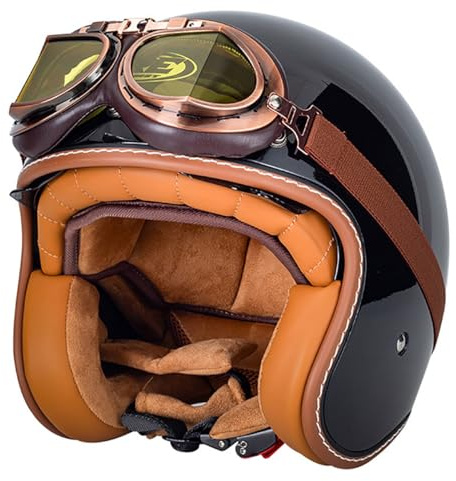 EBAYIN Retro Casque Demi Jet, Casque Jet Vintage, Casque Moto Scooter, Casque Bol Homologué ECE Casque De Protection for Hommes Et Femmes, Casque De Cyclomoteur avec Lunettes(G,L=(59~60cm))