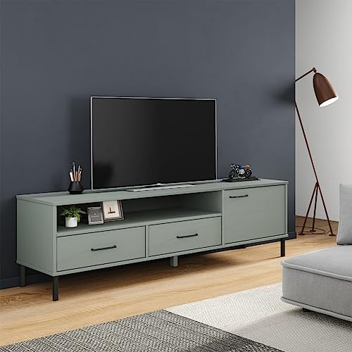 JHQHSM TV Stand with Metal Legs, Entertainment Center Media Console Lowboard Console Table Television Stands Suitable for Living Room Bedroom Lounge Home Office Gray Solid Wood Pine