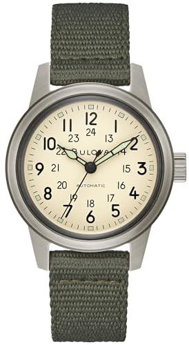 Bulova Men's Military Hack Automatic Black PVD-Coated Stainless Steel Case and Green Nylon Strap Watch, Ivory Dial Style:98A307