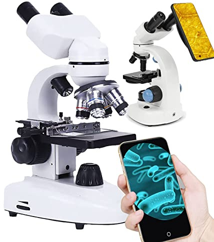 DHsdlpLU Microscope Composé Binoculaire 40x-10000x LED, avec Ensemble De Lames De Microscope + Adaptateur De TéLéPhone, pour Enfants, Adultes