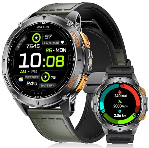 LIGE GPS Intégré Montre Connectée Homme, 1,43 Pouces AMOLED Smartwatch avec Lampe Torche LED pour Android & iOS, Étanchéité 5ATM, 300+ Cadran, Boussole/Altimètre, 170+ Sports, Vert Foncé