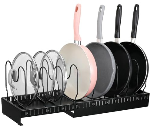 Voency Pfannenhalter für Schublade, Erweiterbarer Topfdeckelhalter, Topfdeckel Aufbewahrung mit 10 Verstellbaren Teiler, Pfannen Organizer Deckelhalter für Küche Organizer für Topfdeckel und Töpfe