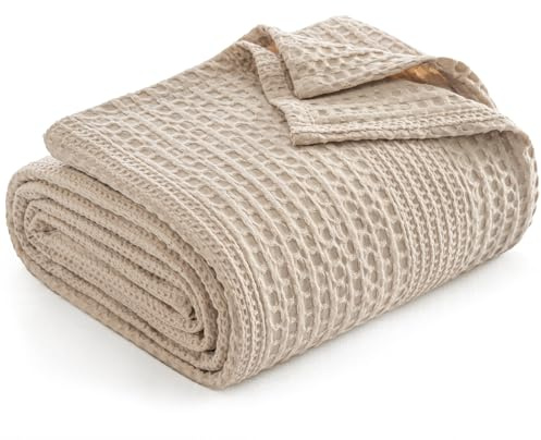 PHF Waffle Weave Throw Blanket 130 x 150 cm, Single Size Lightweight Blanket, Breathable Ultra Soft Summer Blanket for Sofa & Bed, Cosy Thin Cooling Throw for Summer- Light Tan