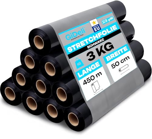 GiDeli Lot de 10 rouleaux de film étirable - Noir - 450 m / 50 cm - Matériau d'emballage sur rouleaux - Film pour meubles - Film pour déménagement