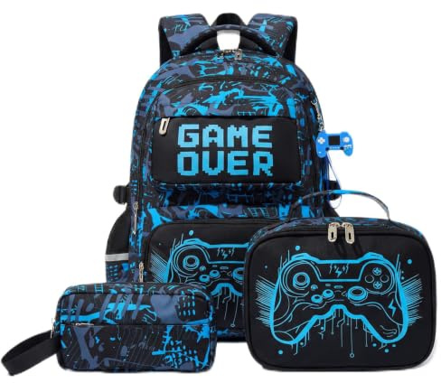Amythe Mochila Escolar Niño Adolescente Fluorescente 3 PIEZAS, Mochila para Niños con Fiambrera y Estuche 8 a 12 Años, Mochilas Escolares Grande Impermeable y Ligera, Azul