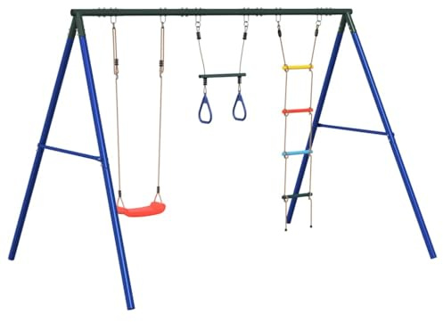 Schaukel-Set mit Schaukelsitz, Trapez, Strickleiter, lackiertes Stahlgestell, 273,5x185x185 cm, für Kinder 3-10 Jahre, Outdoor Gartenspielgerät, fördert Klettern und Turnen