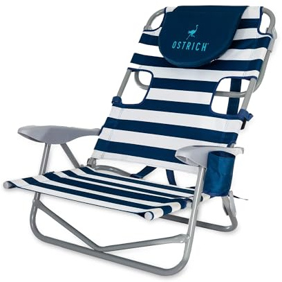 Ostrich the Heavy-Duty Backpacker, Portable Beach Chair w/Face Hole, Adjustable Lounge Chair w/Face Opening, Cup Holder, & 325lb Capacity, Blue Stripe