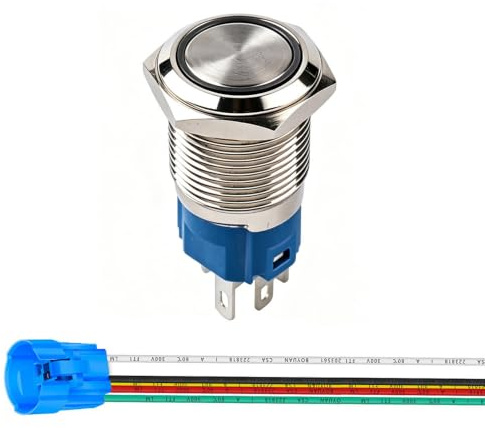 Gebildet 16mm Edelstahl Kurzzeitiger Drucktasten 12V-24V 5A LED 1NO1NC SPDT ON Off Wasserdichter Momentan Drück Knöpfe mit Steckdose Stecker(Weiß LED)