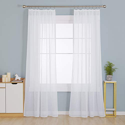 Deconovo Gardinen Transparent mit Kräuselband Wohnzimmer Stores Schal Vorhänge für Schiene Schlafzimmer Leinenoptik, 260x140 cm(HöhexBreite), Weiß, 2er Set