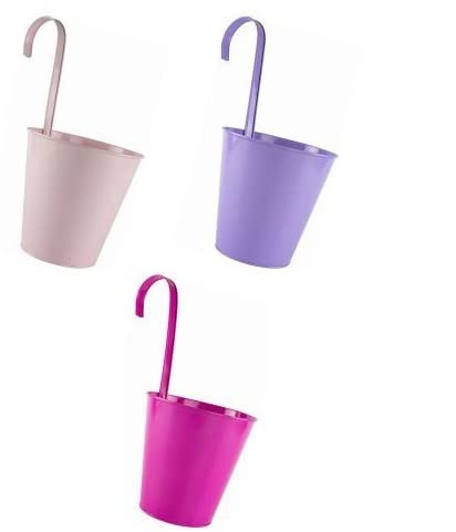 Muddy Hands Set of 3 - Fuchsia, Lilac & Pale Pink Metal Hanging Planter Vintage Balcony Fence Railing Herb Flower Plant Pot Holder