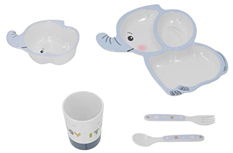 Teller-Set, Melamin-Material, Cartoon-Elefantenform, hitzebeständig, rutschfest, spülmaschinenfest, Baby-Futterteller mit Gabel, Löffel, Schüssel, Tasse
