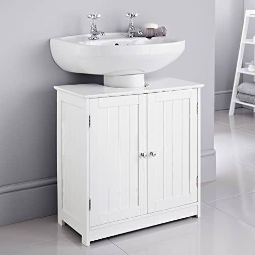 Homme Concept - White Under Sink Bathroom Storage Cabinet Free Standing 2 Doors Wooden Multi-purpose Organiser Basin Cupboard with Shelf Unit Flat Packed