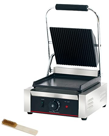 Commercial Panini Press With Grooved Grill Sandwich Maker Machine Electric Contact Grill Single (Single Grooved Top&Smooth Bottom)