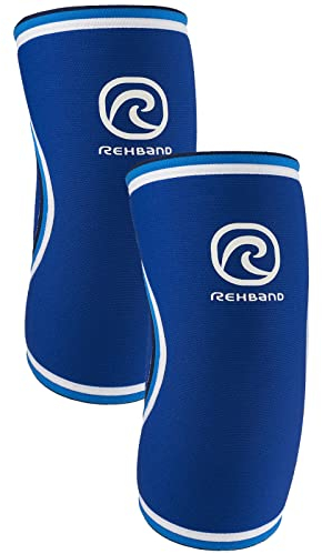 Rehband Rx Ellenbogenbandage Kraftsport, 5mm Neopren Ellenbogenschoner stabilisiert Muskeln & Gelenk, unterstützende Armbandage Ellenbogen, Farbe:Blau - 1 Paar, Größe:M