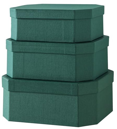 Soul & Lane Octagon Textured Decorative Boxes for Organizing, Set of 3 Nesting Cardboard Storage Containers for Gifts, Durable Memory Boxes for Keepsakes, Forest Green
