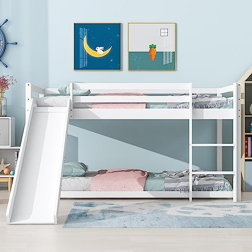 LTGB Children's Cabin Bed Frame with Slide & Ladder, Bunk Bed for Kids with Adjustable Ladder and Slide, Adjustable Lower Bed, Suitable for Kids Boys Girls (White, 190 x 90 cm + 200 x 90 cm)