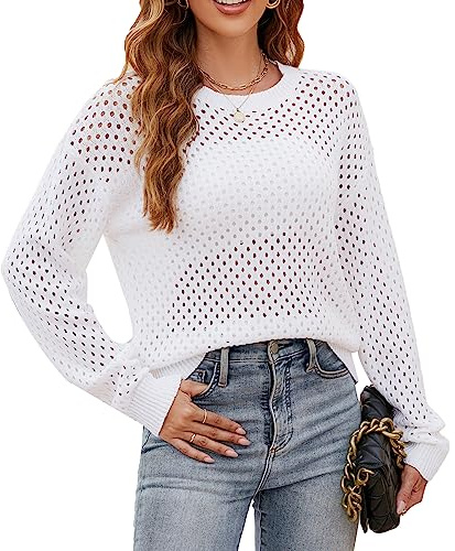 Felcia Pull en tricot au crochet ajouré pour femme - Manches longues - Col rond - Style décontracté - Streetwear Y2K, A - Blanc, M