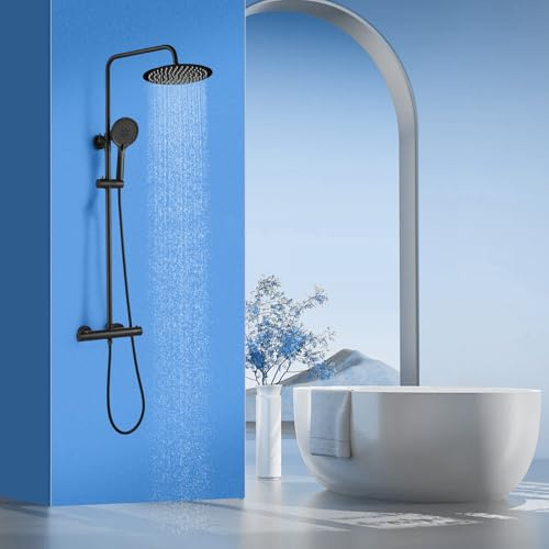 ROVOGO Black Thermostatic Shower Mixer Set, 25CM Round Rainfall Shower Head Stainless Steel Height Adjustable, ABS Handheld Shower with Adjustable Holder, Twin Head Shower System for Bathroom