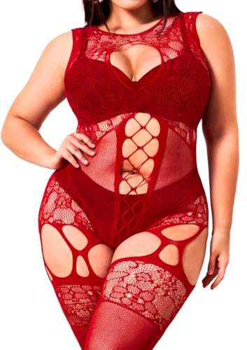 EHSUYAB Plus Size Body Stockings For Women Curvy BBW, Exotic Dancer Lingerie Outfits, Full Sexy Fishnet Bodysuit Rave Party Red