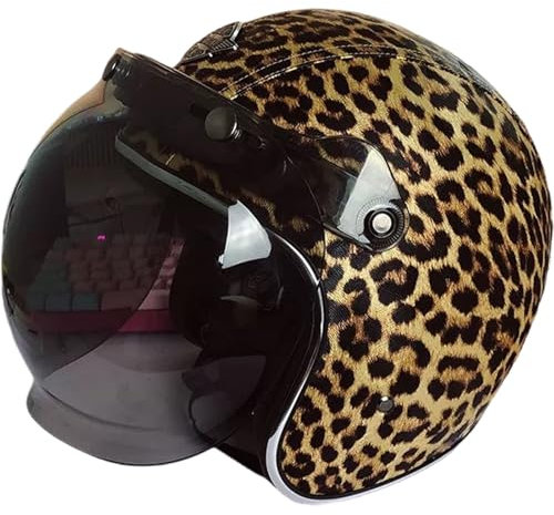 YIYHFKM Leopardenmuster Erwachsene Roller-Helm Moped-Helm Jethelm Roller Helm Jet Helm Mopedhelm Herren Und Damen ECE-Zertifizierter Halbschalenhelm (Größe: 55–62 cm)