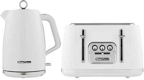 Swan Elegance Kitchen Set, 1.7L Kettle & 4 Slice Toaster, White, SK14016WHT & ST19025WHT