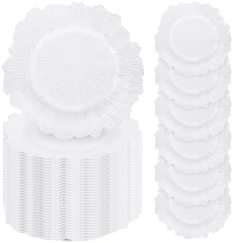 50 Pcs White Charger Plates Bulk, 13 Reef Plate Chargers for Dinner Plates, Plastic Floral Decorative Plates for Table Setting, Round Table Chargers for Wedding, Christmas, Party, Event, Decoration