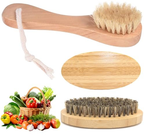 Qaestuan 2 Pzs Cepillo de Limpieza para Frutas y Verduras, Cepillo para Platos, Cepillo de Verduras Madera, Cepillo de Setas, Cepillo de Frutas, Limpieza de Platos y Verduras, para Frutas, Patatas