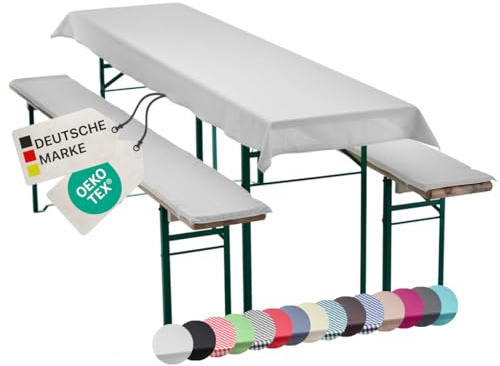 NYVI Bierbankauflagen Set NYVIGala 240x70 cm Weiß - 1x Tischdecke für 220x50 cm Biertische & 2X Gepolsterte Auflage für 220x25 cm Bierbänke - Sitzauflage für Bierzeltgarnitur