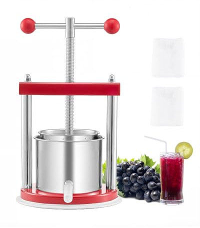 VEVOR Prensa de Vino de Frutas 1,65 L, 2 Barriles de Acero Inoxidable, para Sidra, Manzana, Uva, Tintura, Miel, Aceite de Oliva, con Mango en T para Cocina al Aire Libre y Hogar, 220 x 497 mm