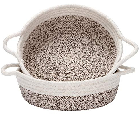 Sea Team 2-Pack Cotton Rope Baskets, 10 x 3 Inches Small Woven Storage Basket, Fabric Tray, Bowl, Round Open Dish for Fruits, Jewelry, Keys, Sewing Kits (Mottled Brown & White)