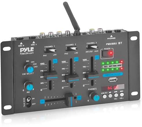 Pyle 3-Channel Professional DJ Mixer – Bluetooth Audio Controller with USB Interface, Mic Talkover, Dual RCA Phono/Line Inputs, Headphone Output & Mic Input – Wireless Compatible