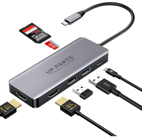 UP PARTS Hub USBC, Docking Station,UP-DS-9915T, 6 in 1,Porta Alimentazione USB C 87W, 2 porte HDMI 4K, USB 3 5GB, 1 Porta US B 2, Lettore di Memory card SD MicroSD e TF, Azienda Italiana