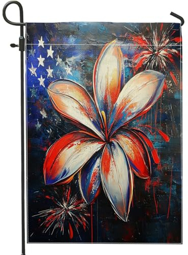 Bandera patriótica de verano con diseño floral de fuegos artificiales, color rojo, blanco, azul, lirio, decoración del hogar, bandera de patio de doble cara, decoración de césped al aire libre, 28 x