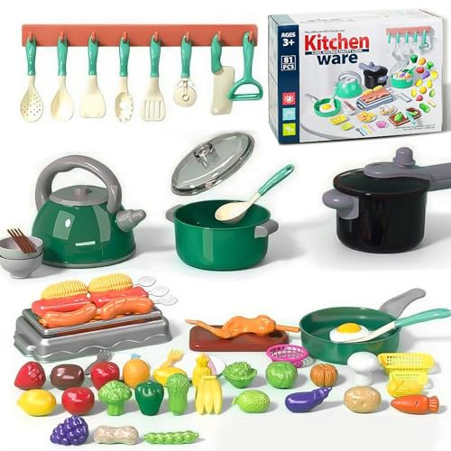 Cuisine Jeux Accessoire Aliment Nourriture - 81 pièces Enfant Fruits et légumes Jouets, Fruits et Légumes Jouet à Couper, Ustensiles de Cuisine Jouet avec Pots et Casseroles pour Les 3, 4, 5, 6 Ans