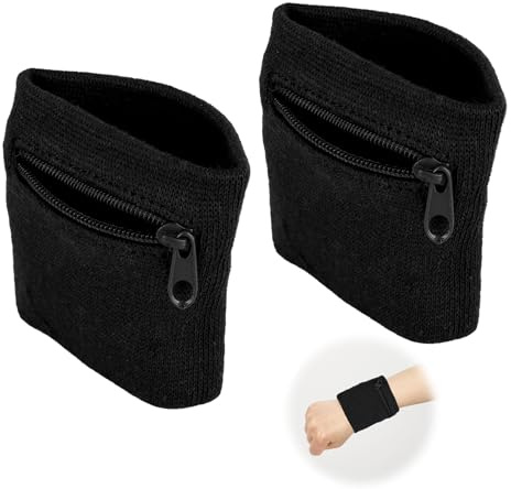2 Stück Schweißband mit Reißverschluss, Handgelenktasche mit Praktischer Reißverschlusstasche Sport Handgelenk Tasche Baumwoll Schweißband Arm für Jogging Basketball und Tennis Sport (Schwarz)