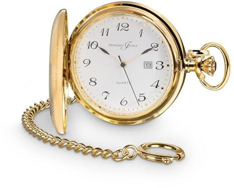 Hermann Jäckle Herren Taschenuhr Tübingen Vergoldet Quarz 50 mm | Vergoldetes Gehäuse, Quarzwerk, Datumsanzeige, inklusive Kette und Reiseetui