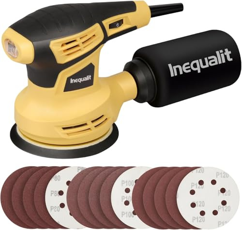 Inequalit Lijadora Orbital 280W, Lijadora Rotorbital - 6 Velocidades Ajustables (6000-13000 RPM) - Juego de 15 Discos Abrasivos 125mm con Sistema de Recogida de Polvo para Lijar y Pulir