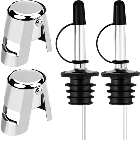 4 Stück Sektverschluss Set, 2 Stück Flaschenausgießer, 2 Stück Sektflaschenverschluß, Konische Ausgießer Spirituosen für Wein Schnaps, Olivenöl, Essig, Champagner, Beer