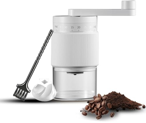 Molinillo Cafe Manual Externo Ajustable de 35 Niveles, Coffee Grinder Portátil con Muelas de Cerámica Resistentes al Desgaste para Viajes, Camping, Oficina, Espresso y Café Vertido (Blanco)