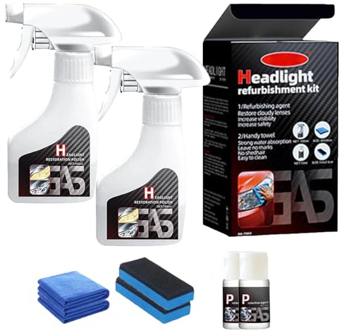 Headlight Restoration Kit, Headlight Restoration Spray, Car Headlight Cleaner, Car Head Light Restorer, Head Ligh Refurbishment Kit Removes Yellowing, Headlamp Restore and Protect for All Vehicles (2)