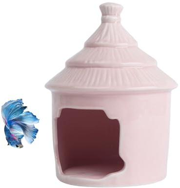 Saim Ceramic Grass Hut Small House Aquarium Decor, Pink Betta Hideout Cave