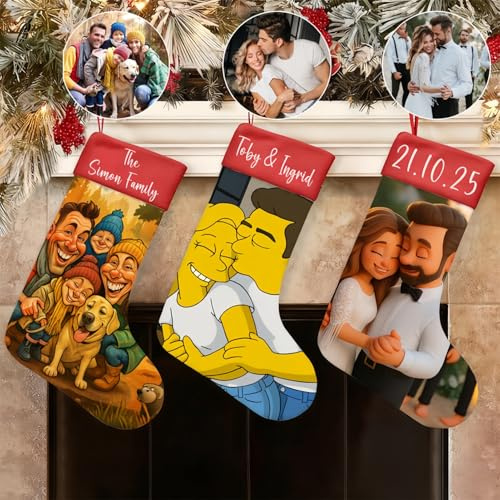 Drawelry Personalisierte Weihnachts Deko Strümpfe Ornament mit Cartoon Foto Namen Nikolausstiefel Geschenktüte Christbaumschmuck Anhänger Dekoration Weihnachten Geschenke für Familie Freunde (B4)